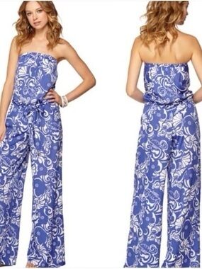 EUC Lilly Pulitzer Farrah Blue Tide Pools Strapless Purple Jumpsuit Size Small